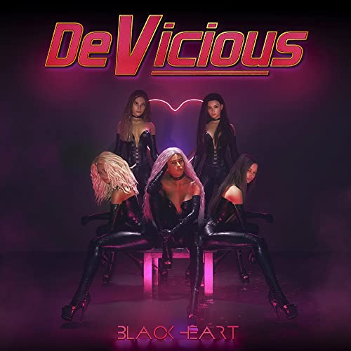 Devicious album cover: four women in black leather, pink neon heart.