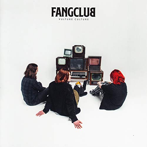 Fangclub album cover: three people sit around a stack of vintage TVs.