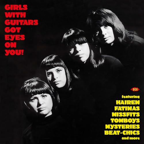 Black and white album cover featuring four women with bangs.