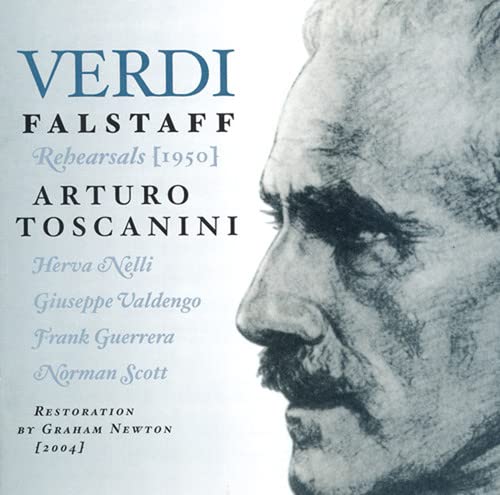 CD cover for Verdi’s *Falstaff* rehearsals with Arturo Toscanini’s portrait.