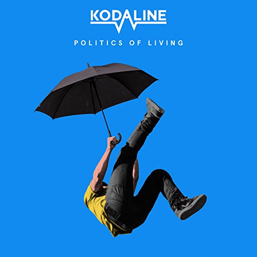 Album cover: person falling with umbrella against a bright blue background.