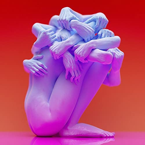 Blue abstract sculpture of intertwined human forms against a red gradient.
