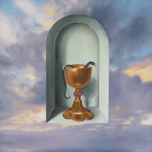 A dark snake emerges from a golden chalice set within an arched stone niche.