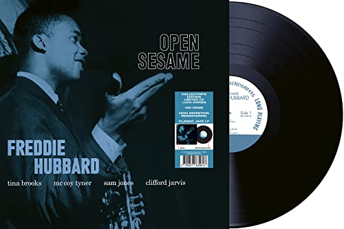 Freddie Hubbard's "Open Sesame" vinyl record with portrait cover art.