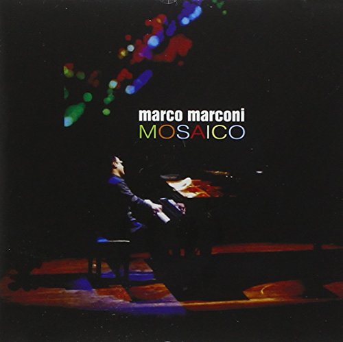 Pianist at a grand piano with colorful abstract lights above.