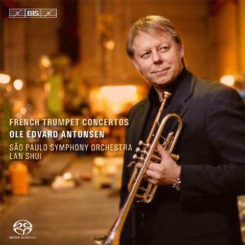 Man with trumpet, album cover for "French Trumpet Concertos" by Antonsen.