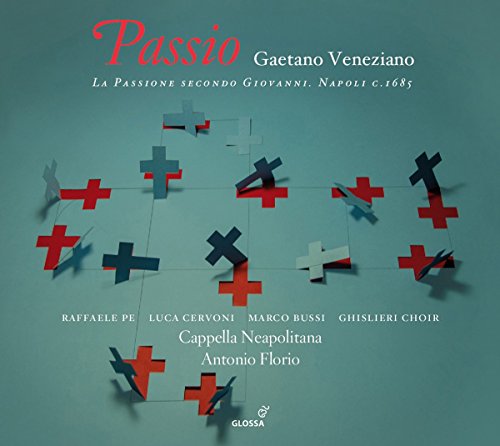 CD cover for Gaetano Veneziano’s “St. John Passion” with red and blue crosses.