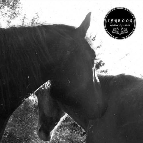 Black and white photo of a horse’s head with circular text overlay.