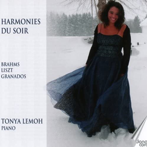 CD cover featuring pianist Tonya Lemoh in a blue gown, winter background.