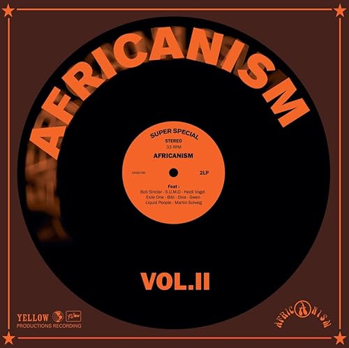 Black vinyl record label with "Africanism Vol. II" text and artist names.