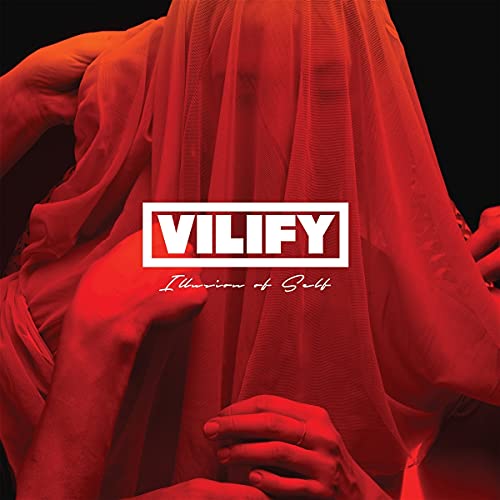 A person covered in red fabric with hands touching the veil, Vilify logo centered.