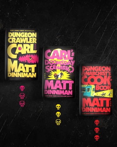 Three black book covers with neon text and skull graphics.