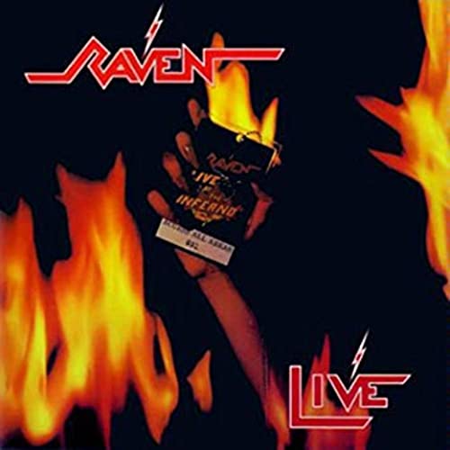 Raven album cover with flames and a hand holding a record.
