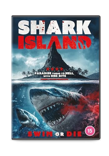 DVD cover art showing two sharks swimming beneath a tropical island with blood-stained water.