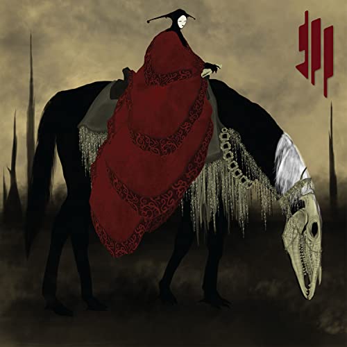 Dark fantasy illustration of a cloaked figure riding a skeletal beast.