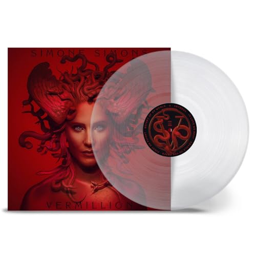 Simone Simons' "Vermillion" vinyl record with red cover art and Medusa imagery.