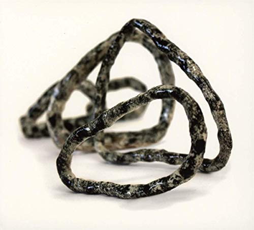 Black, textured, looping sculpture against a plain white background.