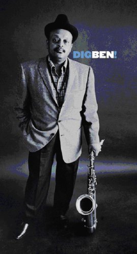 Ben Webster in a suit and hat, holding a saxophone.