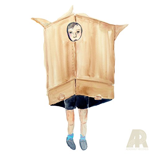 Watercolor painting of a child wearing a cardboard box as a costume.
