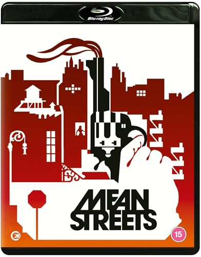 A Blu-ray case with a red, white and black cityscape and a man's silhouette.