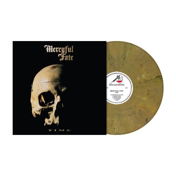 Mercyful Fate Time vinyl record cover featuring a skull and a marbled gold disc.