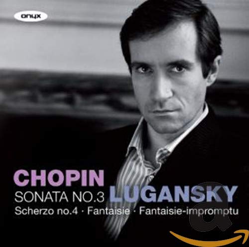 CD cover featuring pianist Nikolai Lugansky in grayscale with purple text.