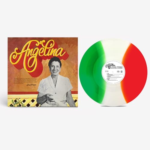 Louis Prima “Angelina” vinyl record with colorful swirl pattern disc.