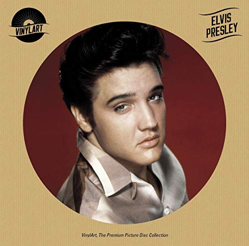 Portrait of young Elvis Presley in a circular frame on a tan background.