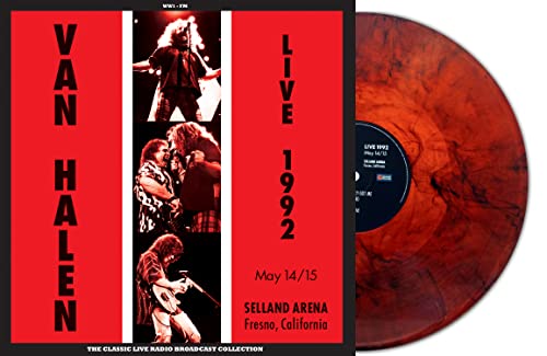 Van Halen album cover and red marbled vinyl record closeup.