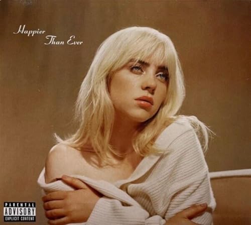 Billie Eilish album cover, “Happier Than Ever,” with a brown background.