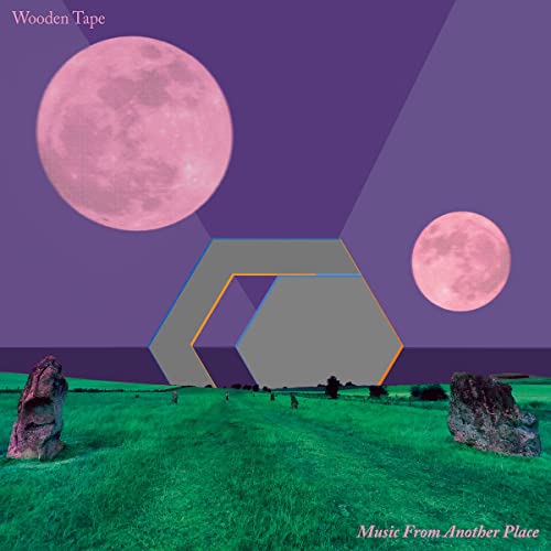 Album cover with pink moons, geometric shapes, and a green landscape.