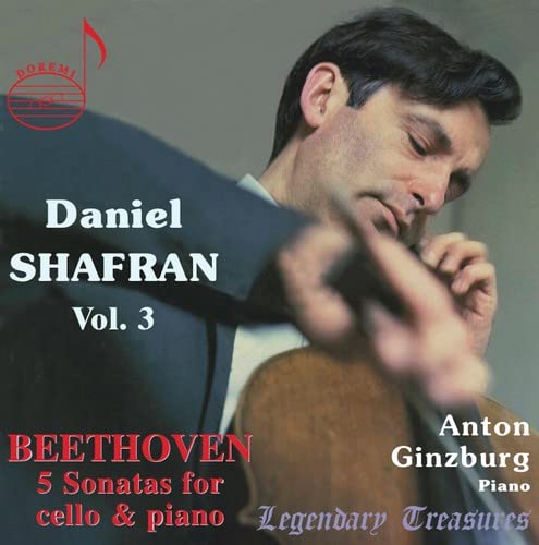 CD cover featuring cellist Daniel Shafran playing, with Beethoven’s sonatas listed.