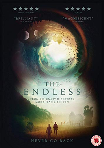 DVD cover for "The Endless" featuring a swirling cosmic landscape and silhouetted figures.