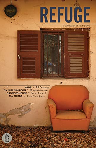 Book cover: "Refuge," featuring a window, chair, and play titles.