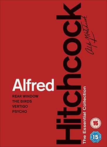 Red DVD cover featuring the text Alfred Hitchcock and titles of four iconic films.