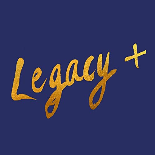 Gold cursive text “Legacy +” on a dark blue background.