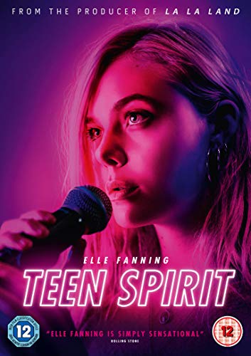 DVD cover for "Teen Spirit" featuring Elle Fanning with a microphone.