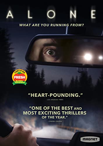 DVD cover for horror film "Alone" featuring a frightened eye in a rearview mirror.