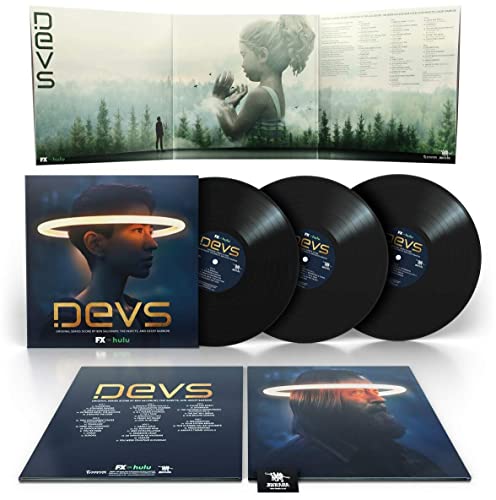 “Devs” soundtrack vinyl set with black records and atmospheric cover art.