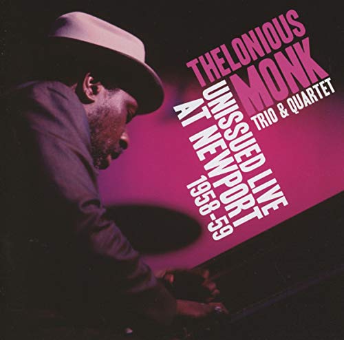 Thelonious Monk album cover, pink background, portrait of Monk at piano.