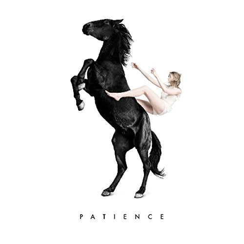 Black horse rearing with a person balanced on its back.