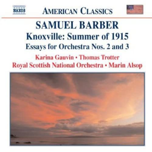 CD cover for Samuel Barber orchestral works with a sunset landscape.