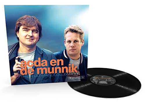 Two men on vinyl record cover with orange text and black vinyl disk visible.