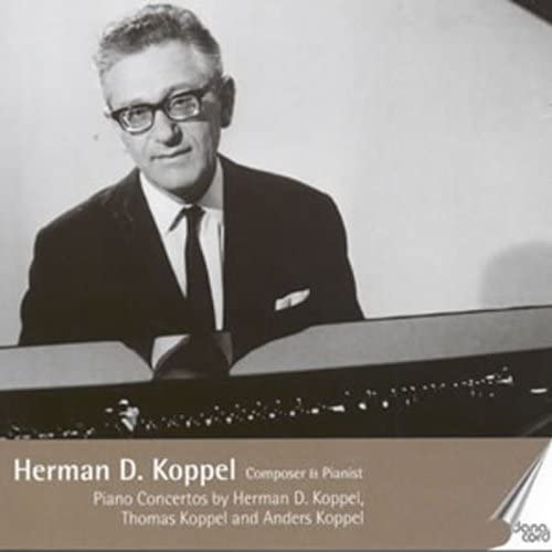 Black and white portrait of pianist Herman D. Koppel at a piano.