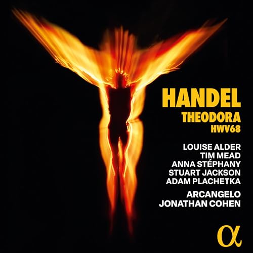 CD cover for Handel’s “Theodora” featuring a fiery, silhouetted figure.
