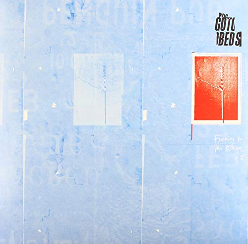 Blue vinyl record cover with red and white abstract artwork.