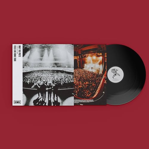 Opened vinyl record of Only The Poets live concert, black and white imagery.