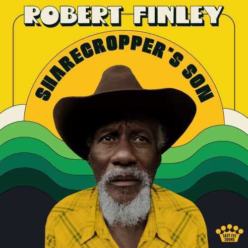 Robert Finley wearing a brown cowboy hat against a yellow and green graphic background.