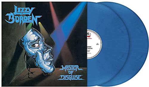 Blue vinyl record of Lizzy Borden’s “Master Of Disguise” with mask artwork.