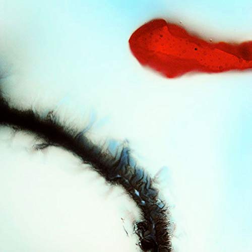 Abstract album cover with red and black shapes on a white background.